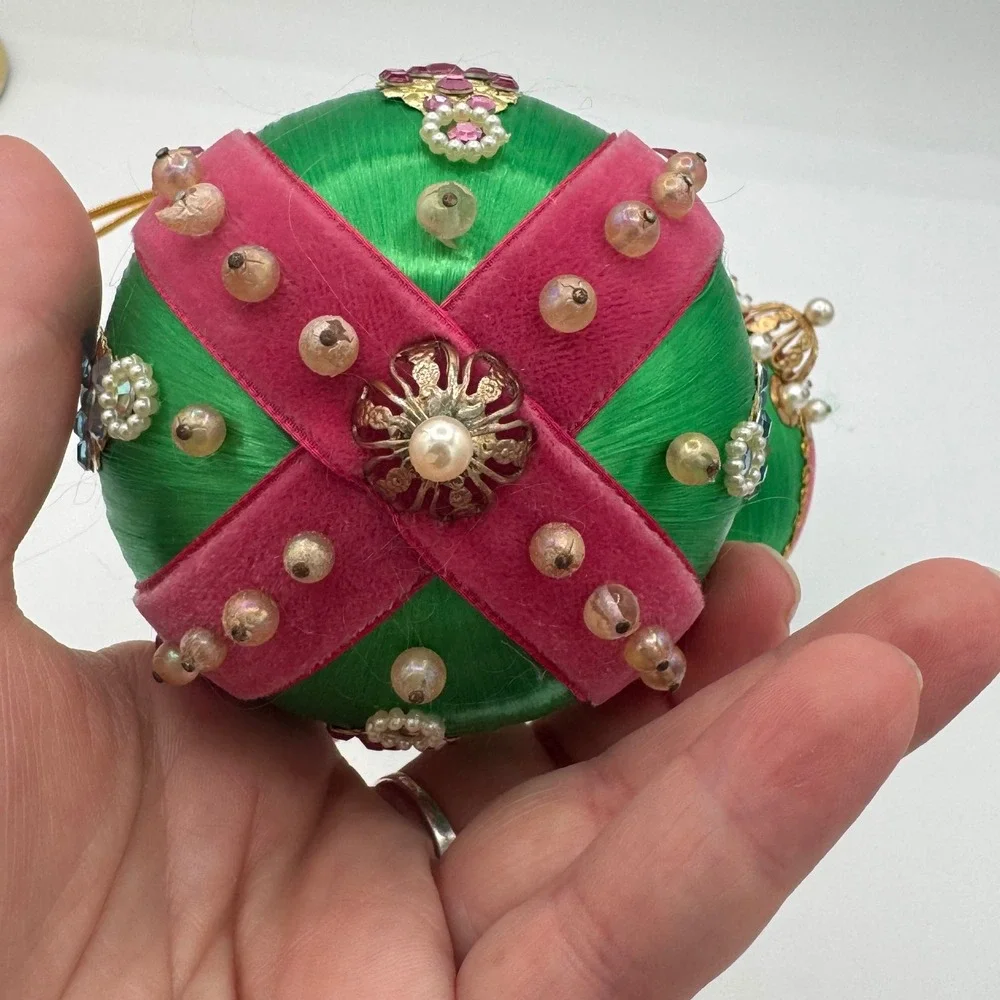 Vintage Handmade Satin Christmas Ornaments Green Pink Velvet Pearls Jewels Set 2